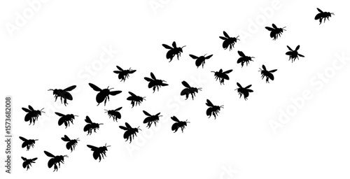A flock of black bird silhouettes flying in formation across a white background.
