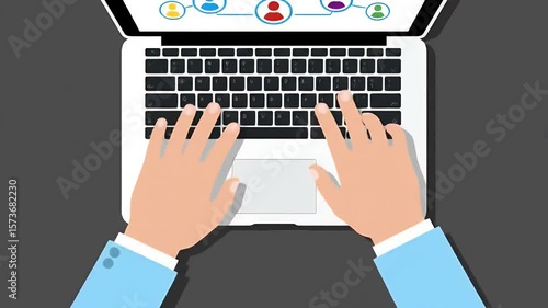 Overhead View of Hands Typing on White Laptop Keyboard on Gray Table Top with Connection Diagram with Blue Accents in Flat Vector Style