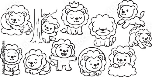 Cute Cartoon Lion Set in 4 Poses Simple Black and White Line Art for Kids Coloring Book | Generative AI