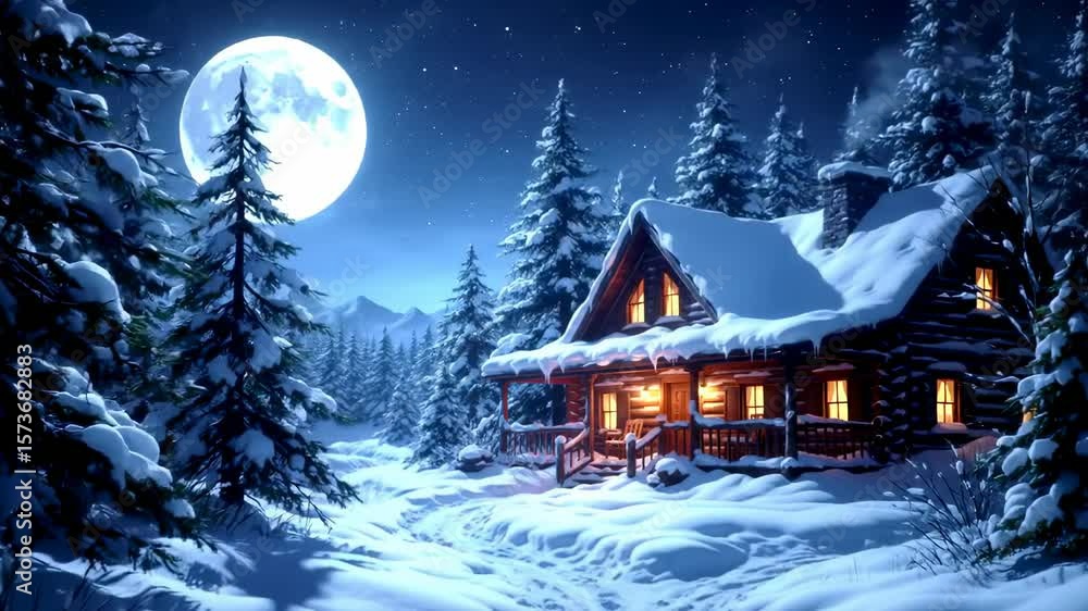 Snowy cabin in winter forest under a full moon Snowy cabin in winter forest under a full moon