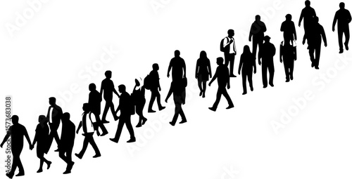 A black silhouette of a large crowd of people walking forward.