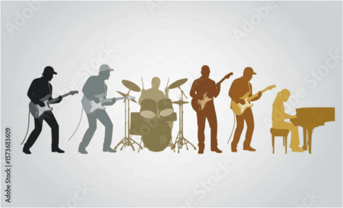 A black silhouette of a rock band performing on stage, with a guitarist, bassist, drummer, and lead singer.