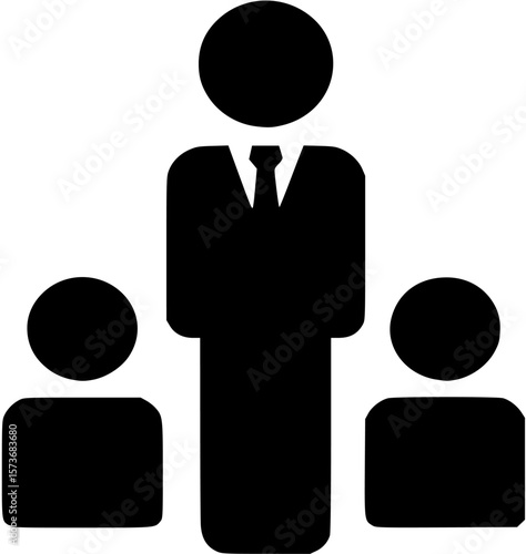 A leader stands tall in front of two individuals, represented by simple black icons.