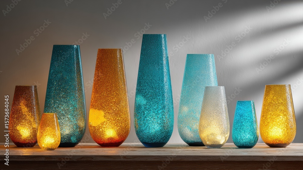 Fototapeta premium Handmade glass lampshades glowing on wooden surface, arranged by size, soft lighting and white background, clean product display