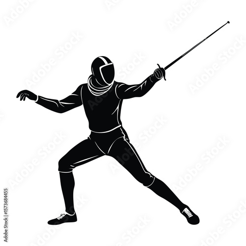 Dynamic fencer in duel stance with extended epee silhouette style