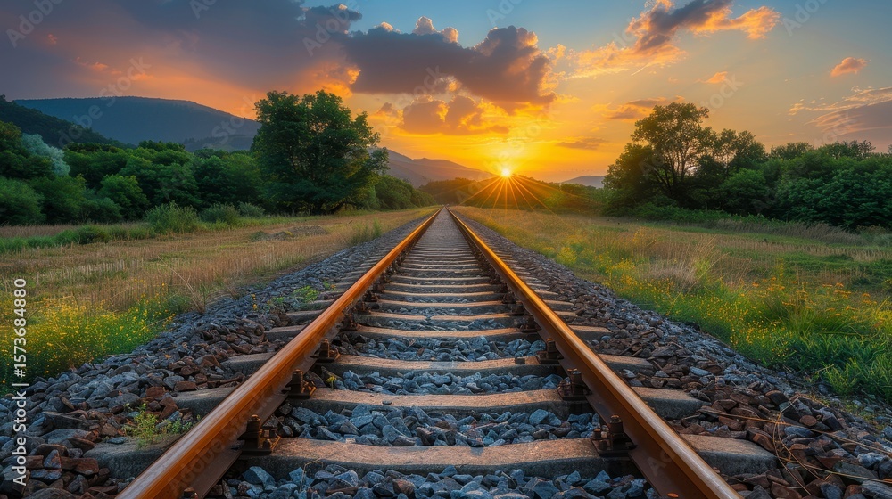 Fototapeta premium Railway tracks stretch to sunset over hills. Trees flank each side. Beautiful sky and peaceful landscape