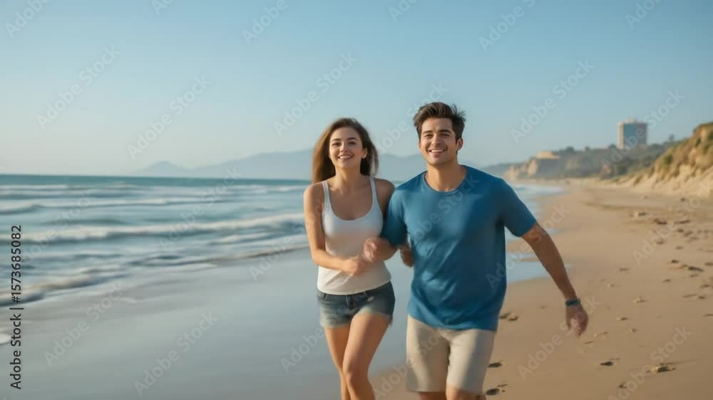 Young couple enjoying a playful run on the beach during a sunny day vacation Young couple enjoying a playful run on the beach during a sunny day vacation