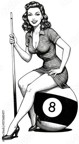 Illustration of Woman with Eight Ball and Cue Stick in Transparent Background