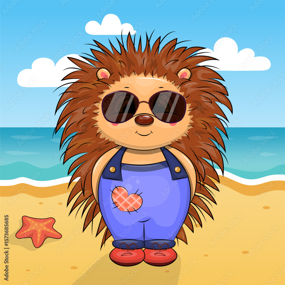 Obraz premium A Cute Cartoon Hedgehog with Sun Glasses on the Beach. Summer animal vector illustration with sea, sun, sand, starfish.