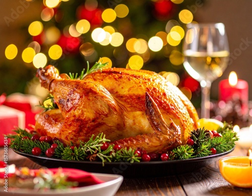 Wallpaper Mural Festive Feast: A tantalizing roasted turkey centerpiece, surrounded by the festive glow of a Christmas tree, candles, and wine. A warm inviting scene of a Christmas celebration. Torontodigital.ca