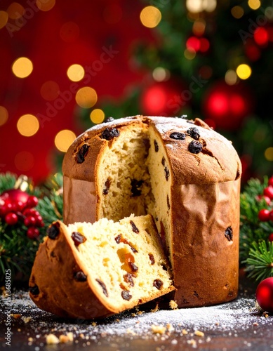 Festive Panettone Delight: An image of a festive Panettone, a sweet Italian bread, is captured, the perfect treat for Christmas and other festive occasions.