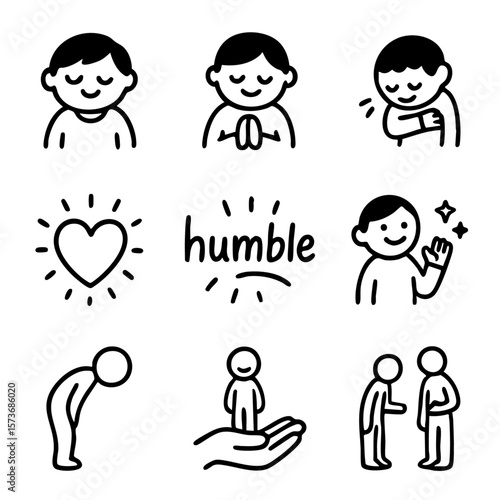A set of doodle line icons symbolizing humility, kindness, gratitude, self-respect, modesty, empathy, and gentle human interaction