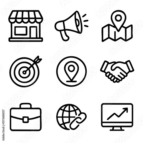 A set of doodle line icons focused on business growth, location targeting, digital marketing, partnerships, and strategic planning tools