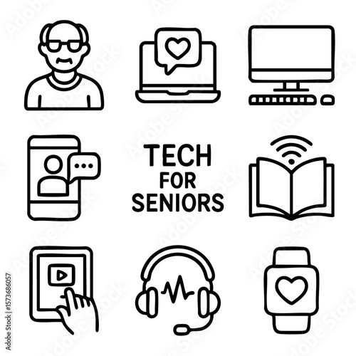 A set of doodle line icons representing technology use for seniors, including communication, health tracking, e-learning, and online support tools