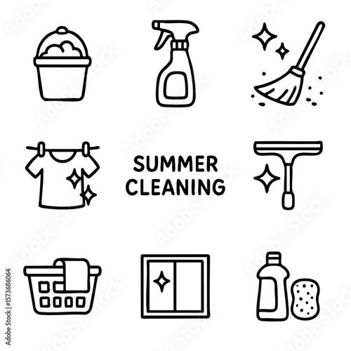 A set of doodle line icons illustrating summer cleaning tasks, laundry, window washing, and household supplies for seasonal home maintenance