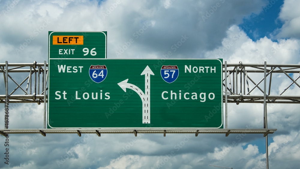 Road travel banner. A highway signs for Interstate 64 in Illinois for St Louis and Chicago Road travel banner. A highway signs for Interstate 64 in Illinois for St Louis and Chicago