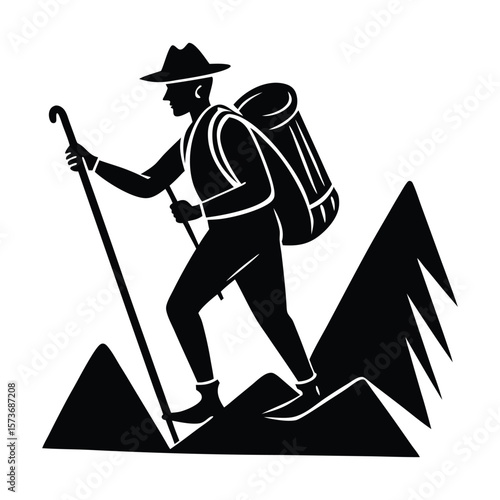 Man with backpack and trekking pole climbing uphill outdoor adventure silhouette