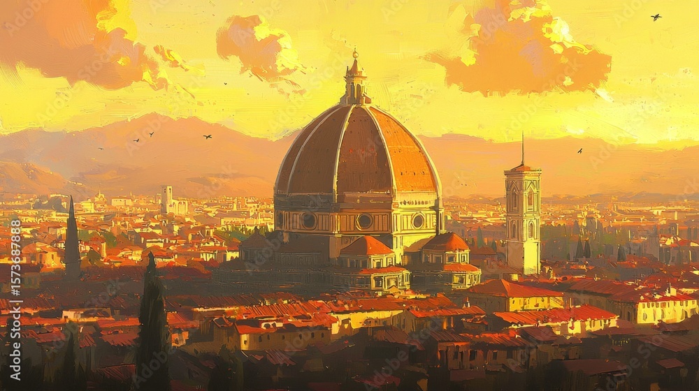 Fototapeta premium Stunning portrayal of Florence’s iconic architecture during the magical golden hour.