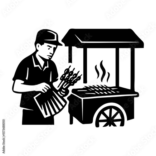 A traditional Indonesian satay street food vendor grills skewers on a charcoal cart. A simple black and white icon of a man grilling sate for a local food business logo.