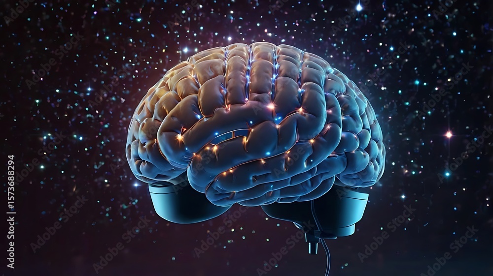 Fototapeta premium A human brain made of light particles floating above a VR headset, surrounded by holographic constellations. Symbolic of knowledge, innovation, and virtual exploration.