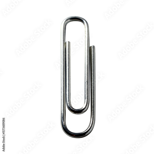 Shiny Silver Metal Paperclip for Organizing Office or School Documents in Classic Loop Shape – Close-Up Front View – Isolated on a Transparent Background