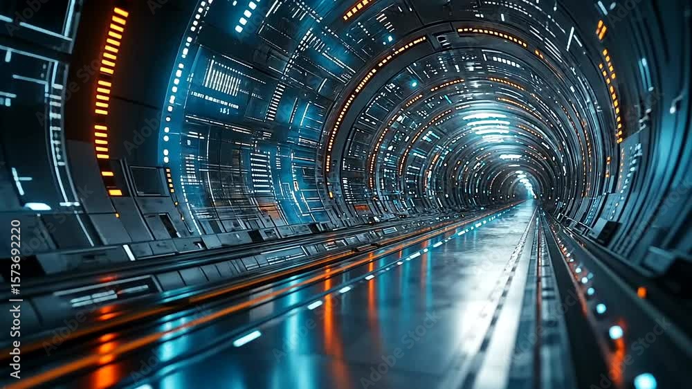 Futuristic technological tunnel with neon lights and metallic textures background loop
