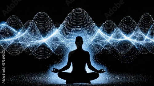 Yoga and meditation silhouette with energy waves, a journey of inner peace and strength