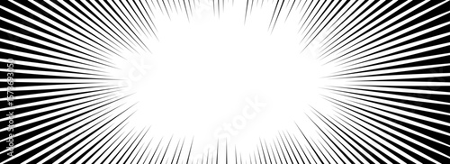 Comic speed line background. Cartoon book explosion effect. Black radial linear pattern frame. Pop art flash beams or rays. Manga or anime sun burst lines wallpaper. Vector superhero impact backdrop