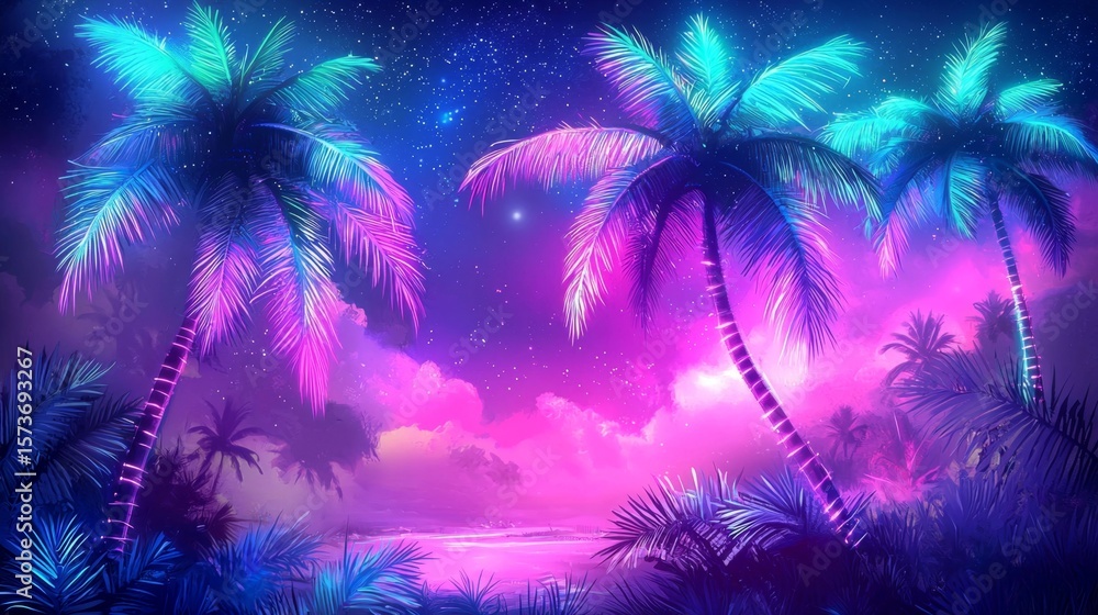 Fototapeta premium Tropical nightscape enhanced by vibrant colors and light.
