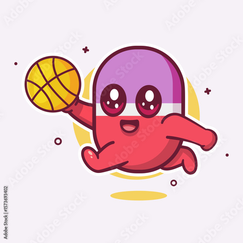 happy capsule medicine character mascot playing basketball isolated cartoon