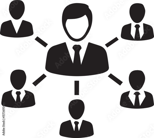 Black and white graphic shows a business hierarchy and team management structure