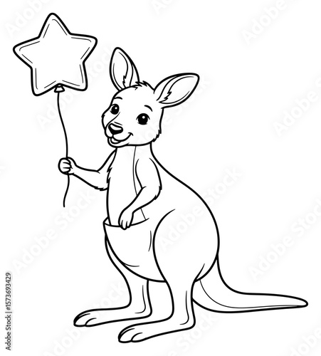 Cartoon Kangaroo with a Star Balloon Outline