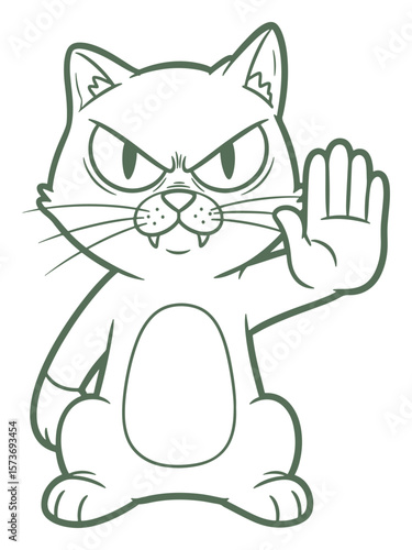 Cartoon Illustration of an Angry Cat Giving a "Stop" Hand Gesture in a Single Olive-Green Color