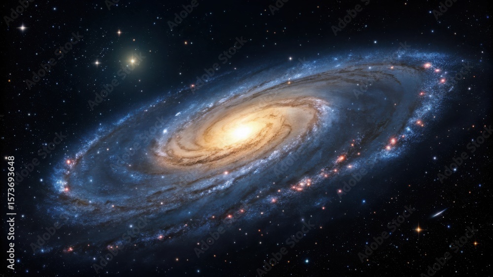 Fototapeta premium A spiral galaxy with a bright yellow center surrounded by blue arms and distant stars in space