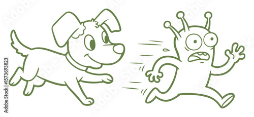 Cartoon Illustration of a Dog Chasing a Frightened Alien, Line Art in Olive Green on White Background