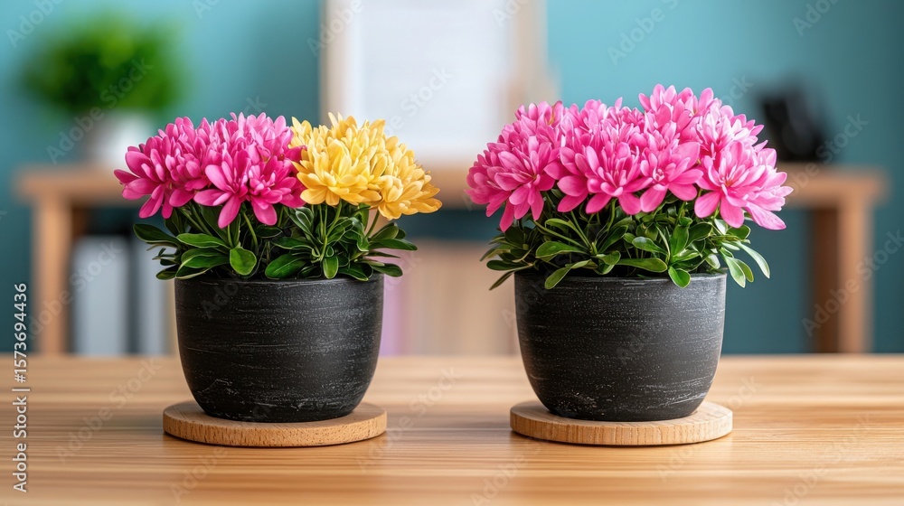 Fototapeta premium Modern Work Environments Co-working Coffee Shops Concept. Colorful artificial flowers in black pots on a wooden table in a cozy interior setting