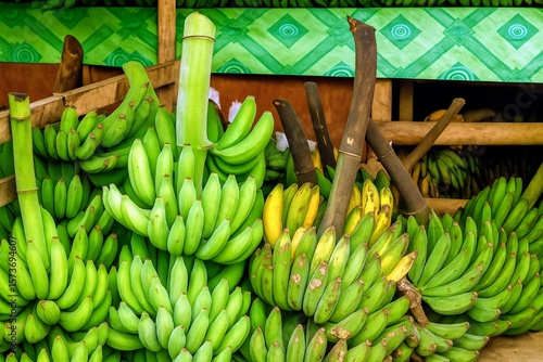 Close-Up of Green and Ripening Bananas at Traditional Outdoor Market
