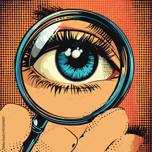 A pop art comic retro style illustration with halftone effects features someone examining closely with a magnifying glass and inquisitive eyes