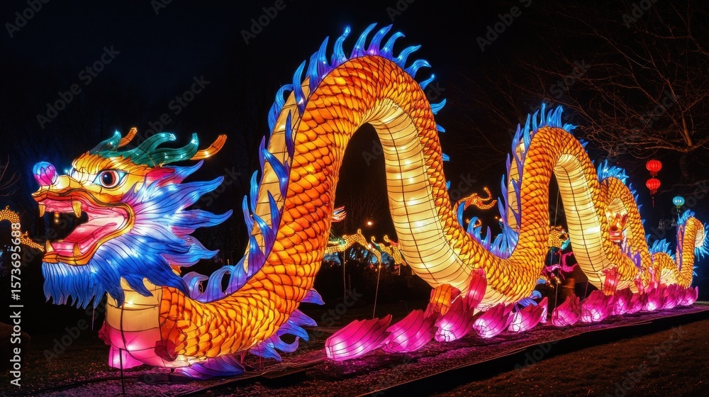 Fototapeta premium Illuminated dragon lantern at night