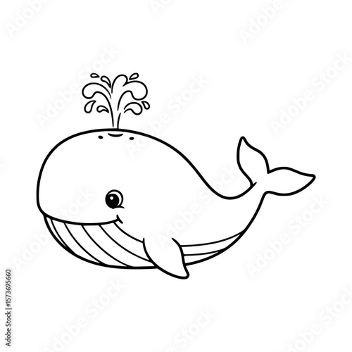 Happy baby whale spraying water, smiling cartoon black and white drawing.