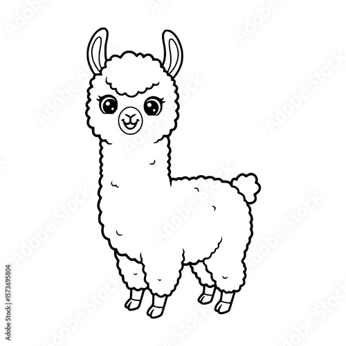 Happy baby llama standing proudly, cartoon line drawing, for kids. coloring book for kids