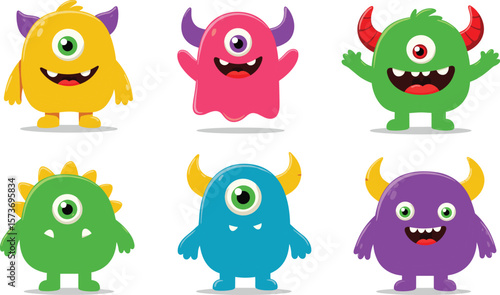 Colorful cartoon monsters set, happy cute characters with one eye and horns, vector design for kids, fun, fantasy, alien clipart
