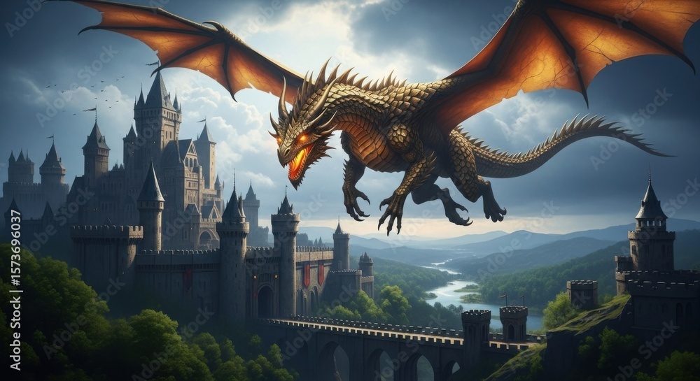 Fototapeta premium Majestic Dragon Soars Over a Medieval Castle and Scenic Valley