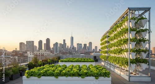 Urban rooftop garden showcasing vertical farming with city skyline backdrop during sunrise, highlighting sustainable agriculture practices