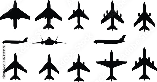 Silhouette collection of airplanes and jets, including military aircraft and commercial planes, isolated vector icons for aviation, design, and transport