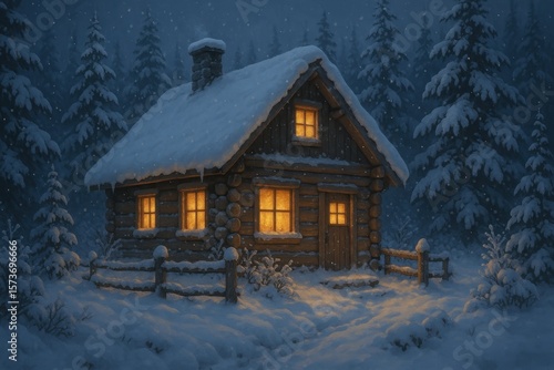 Wallpaper Mural Charming alpine cabin nestled in snow-covered forest with glowing windows creating magical winter wonderland atmosphere Torontodigital.ca