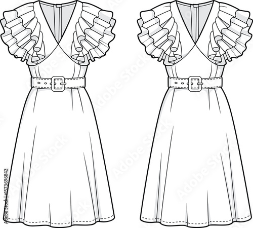 Ruffle sleeve belted dress cad, front back fashion flat, dress design template, vector fashion sketch, detailed garment illustration