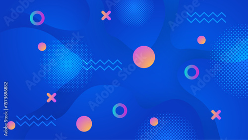 Blue abstract background with colorful shapes suitable for presentations, websites, posters, and social media graphics needing a vibrant design element.