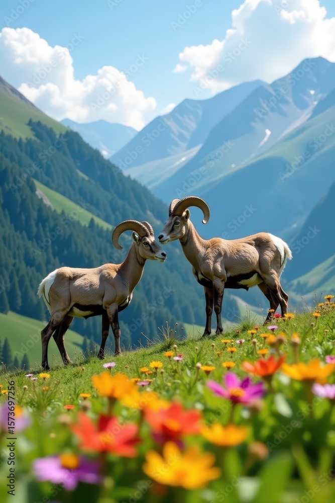 Naklejka premium Two bighorn sheep graze amidst wildflowers on mountain slope, wildflower, scenic, day