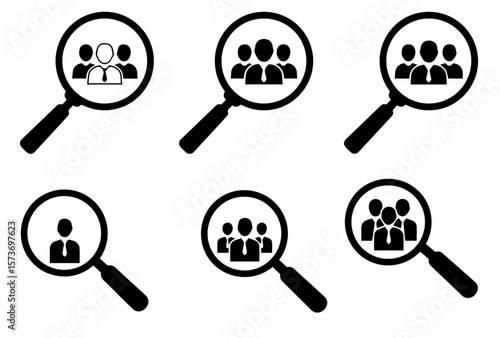 Recruitment process illustration highlighting job search, employee search, and team building with magnifying glass icons, silhouette